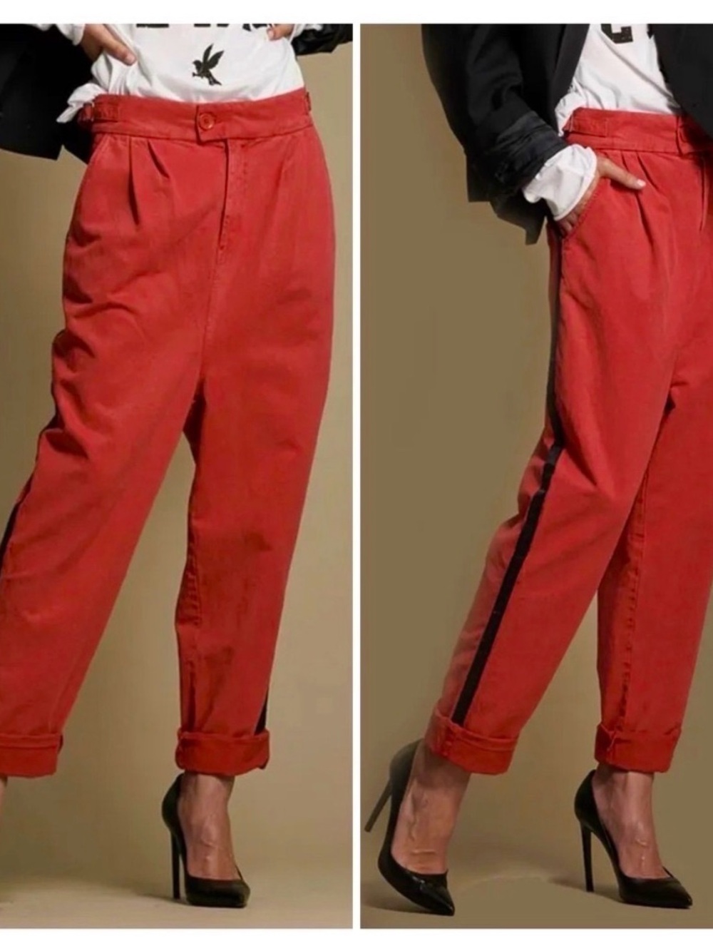 NWT One Teaspoon Tuxedo Pleated Taylor Pants Chino Red w Black Side Stripe Sz 26